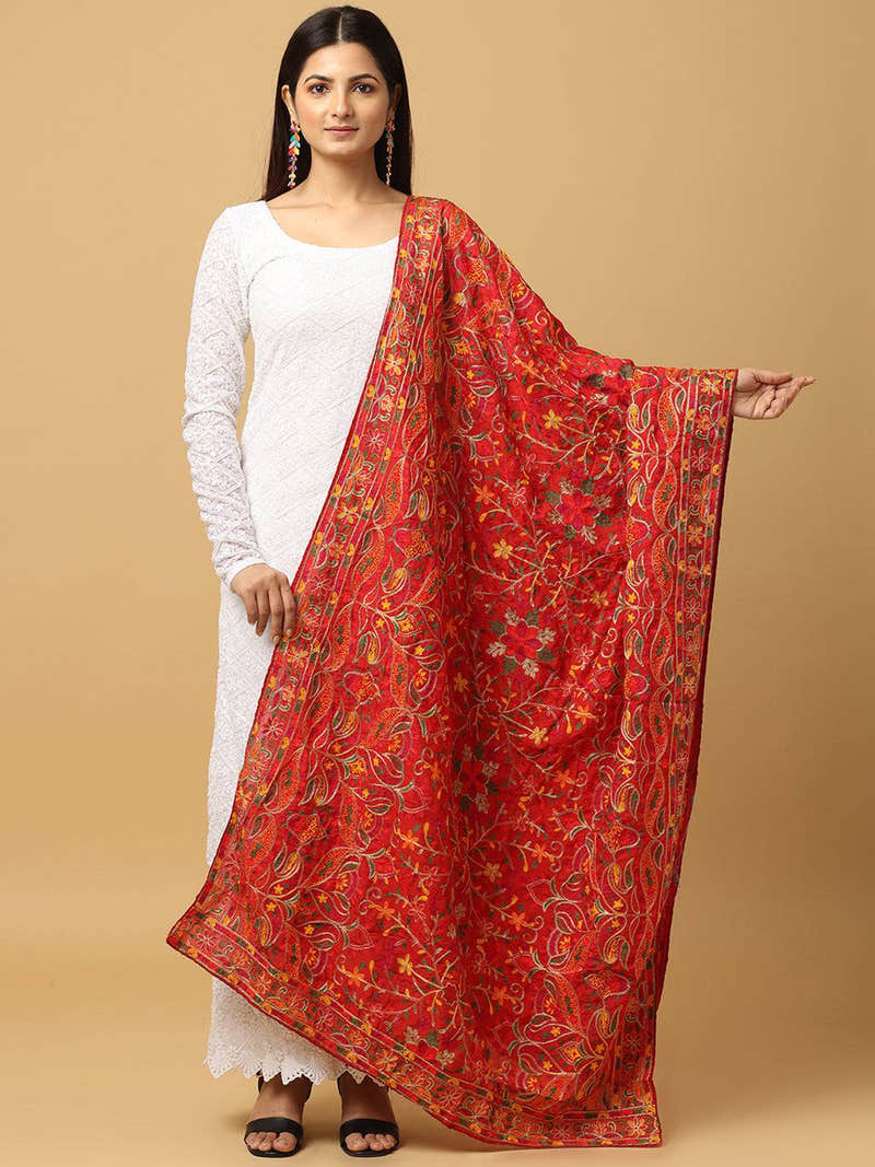 Red Traditional Floral Pashmina Dupatta