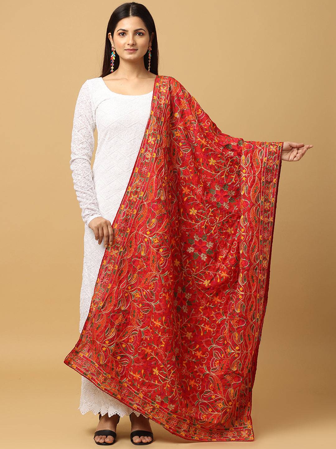 Red Poly Chiffon Pashmina Threadwork Dupatta