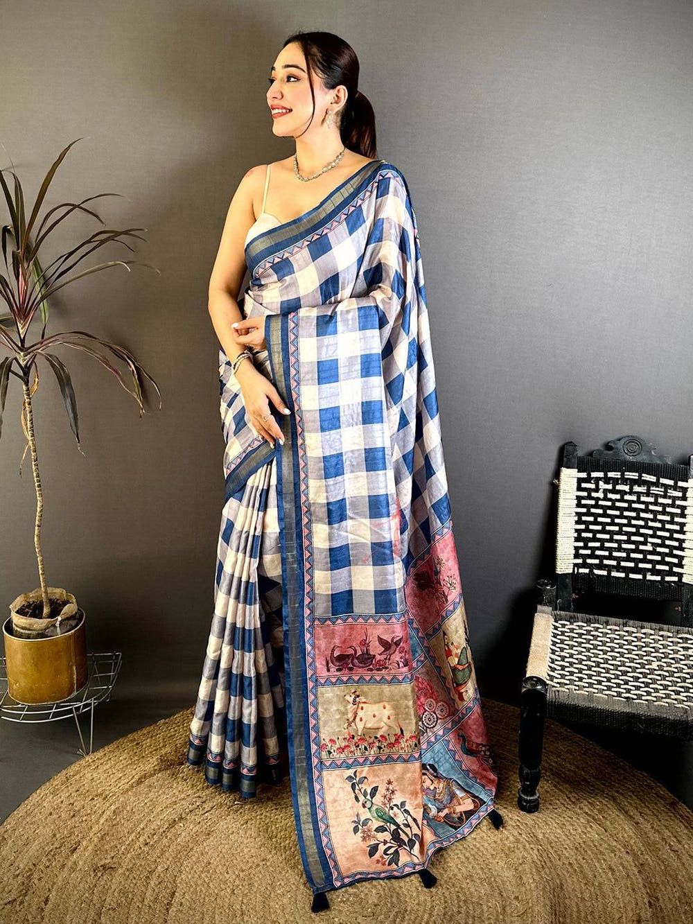 Tussar Check Ghicha Kalamkari Pallu Saree