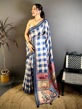 Tussar Check Ghicha Kalamkari Pallu Saree
