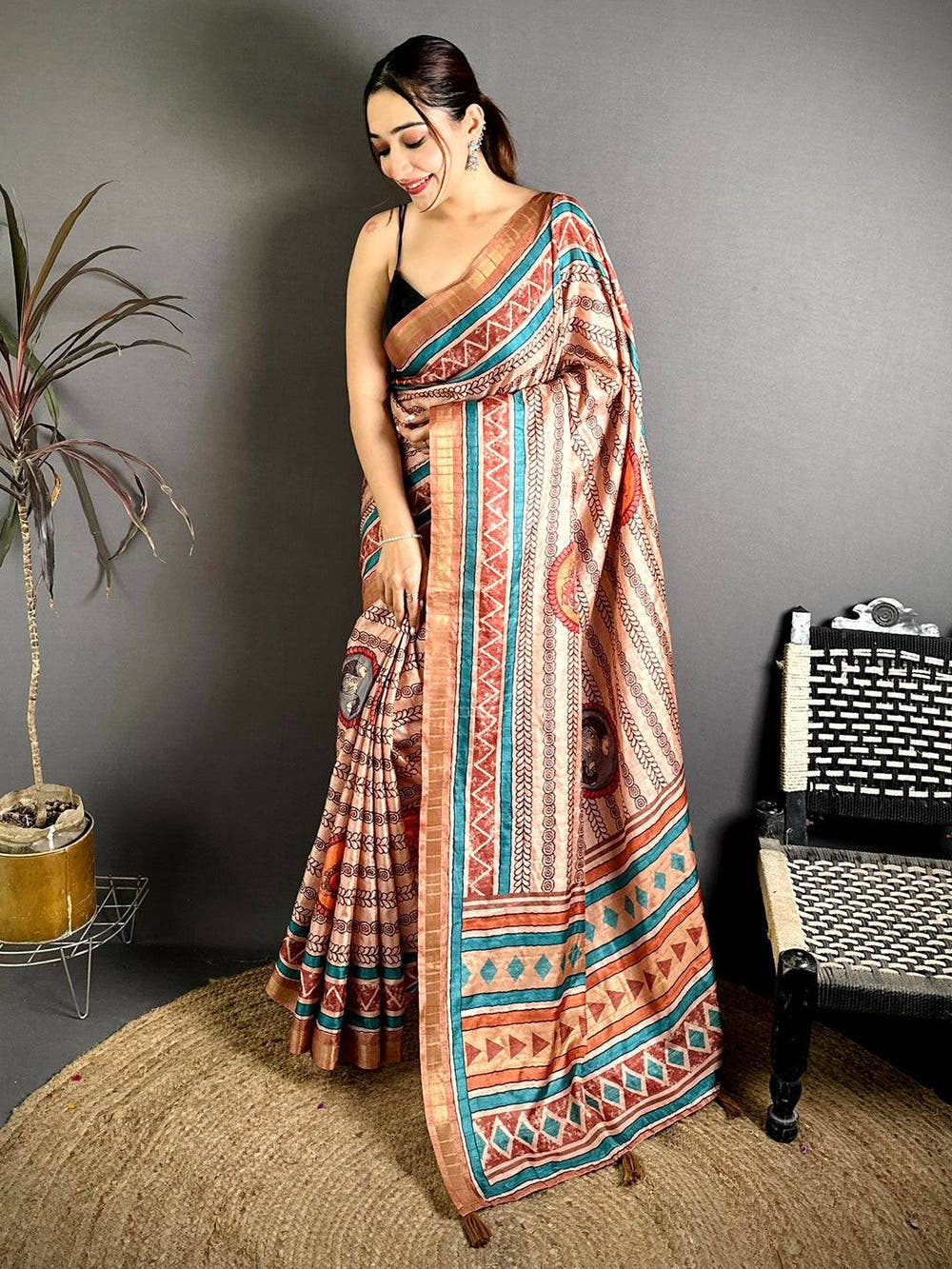 Celebrity Ghicha Tussar Pen Kalamkari Saree