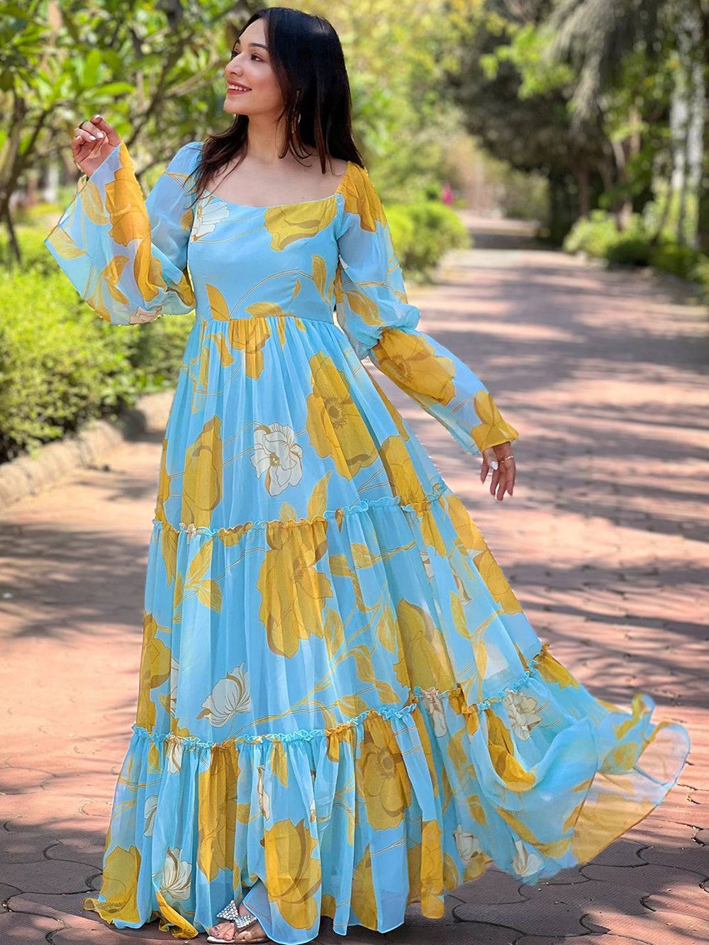 Sky Blue Floral Print Dress with long sleeves