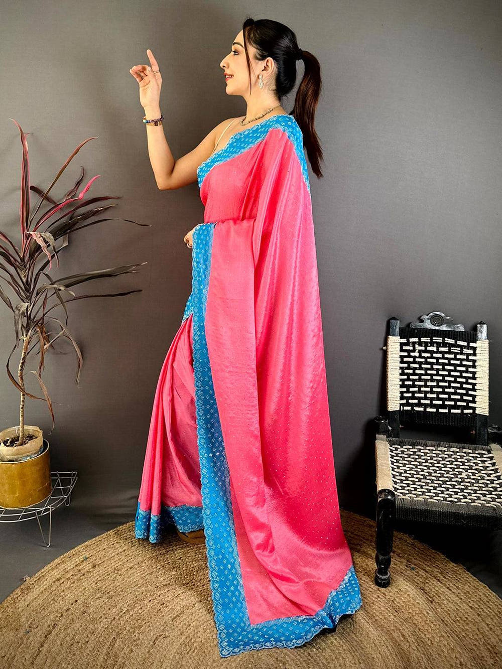 Pink Poly Chiffon Diamond Stone Work Saree
