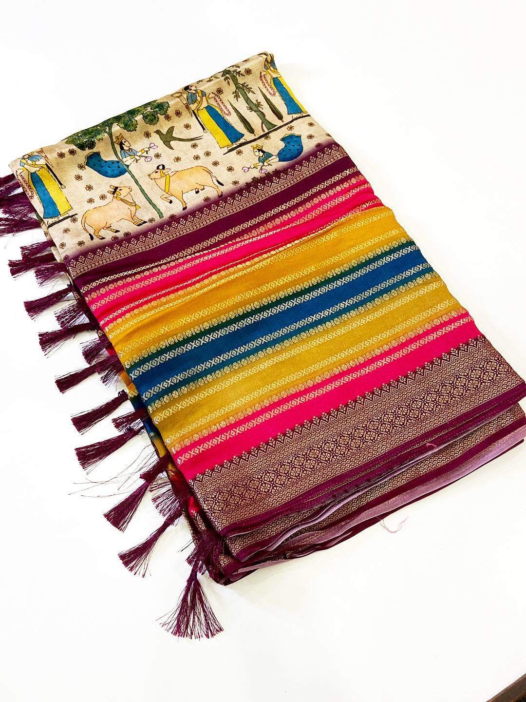 Artistic Soft Silk Kalamkari Zari Stripe Saree