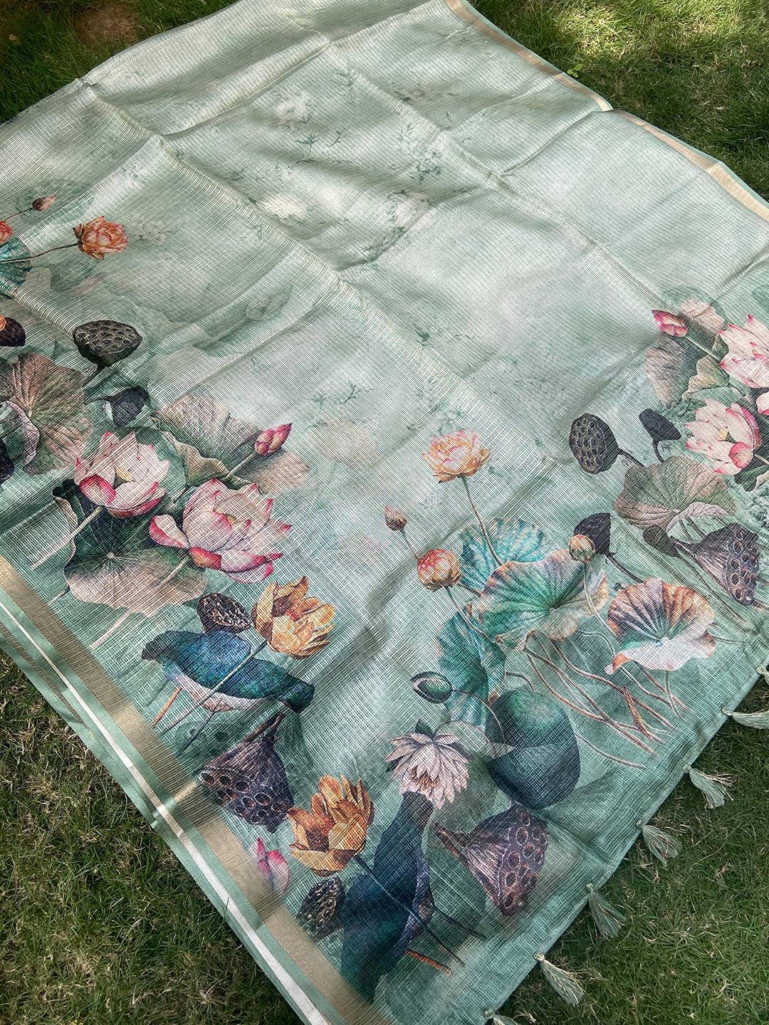 Soft Kota Doriya Silk Saree With Flower Prints & Rich Pallu