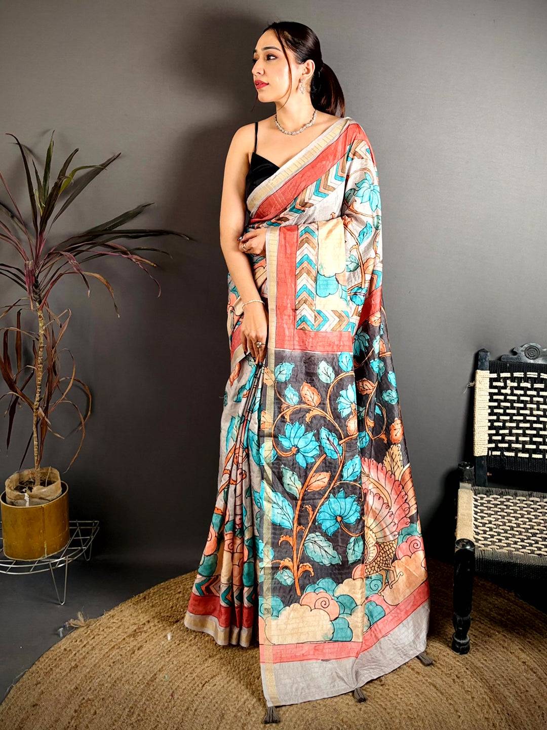 Classic Pen Kalamkari Ghicha Tussar Saree