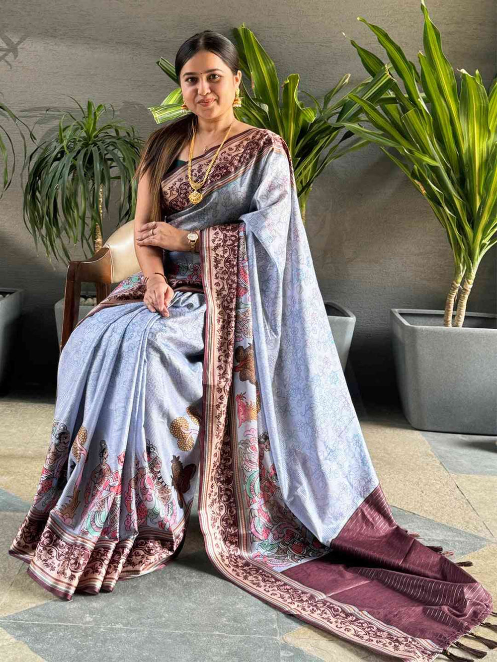Silver Satin Kota Doria Saree with Kalamkari Zari Pallu