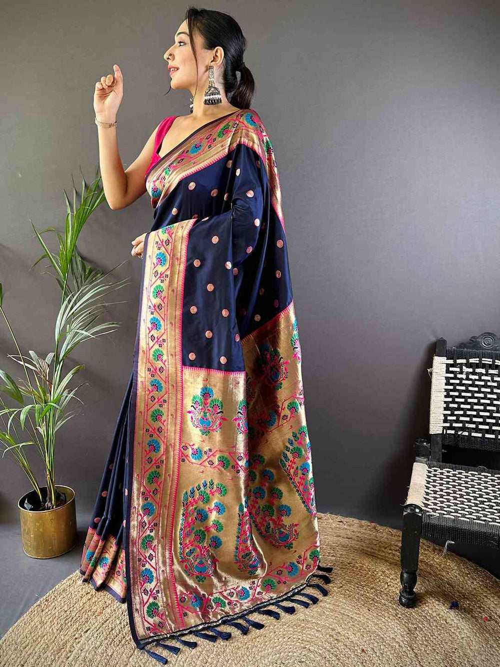 Navy Colour Yevla Paithani Soft Silk Saree
