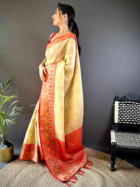 Cream Banarasi Silk Minakari Kanchi Border Saree