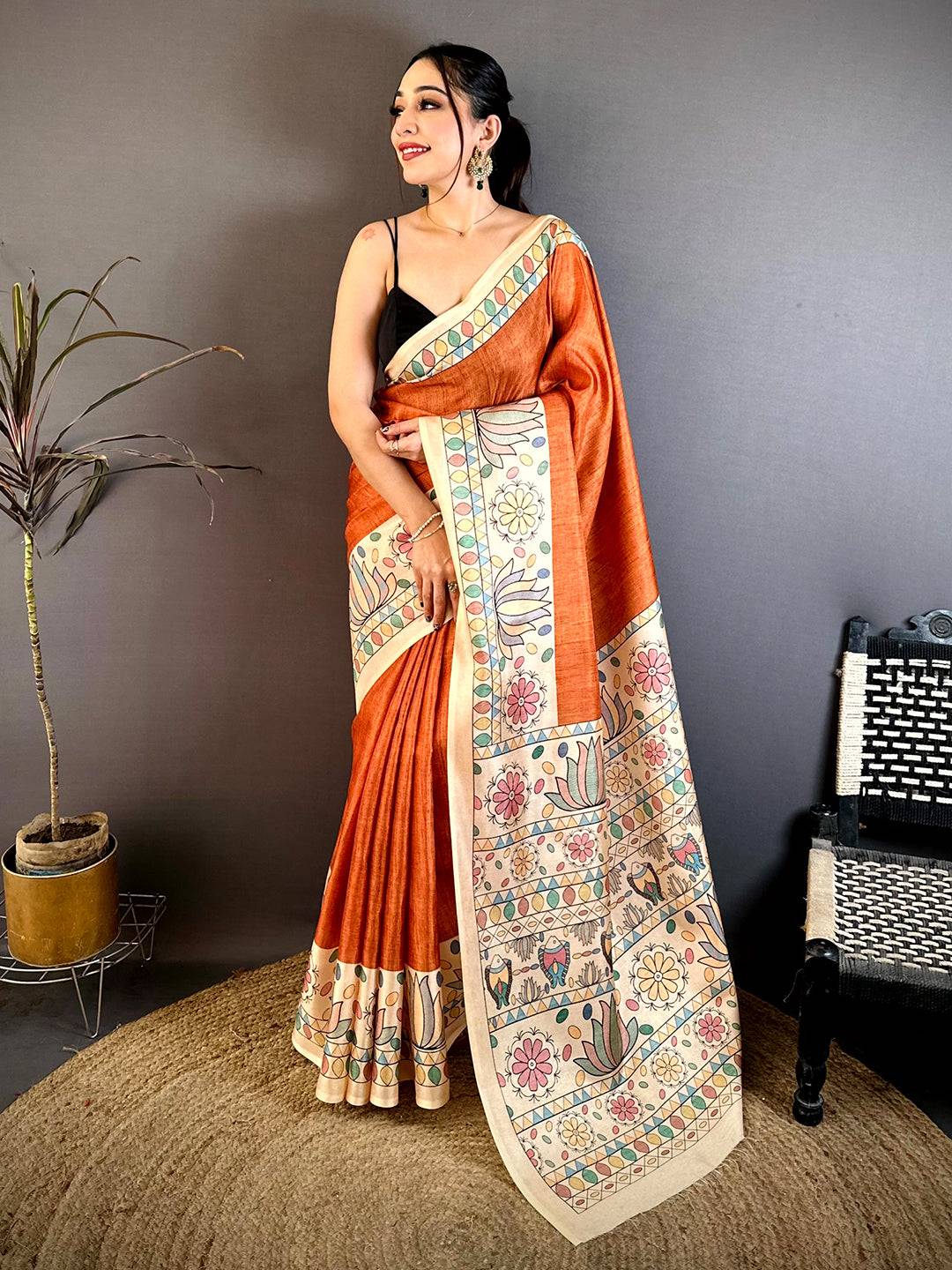 Royal Tussar Madhubani Print Border Saree