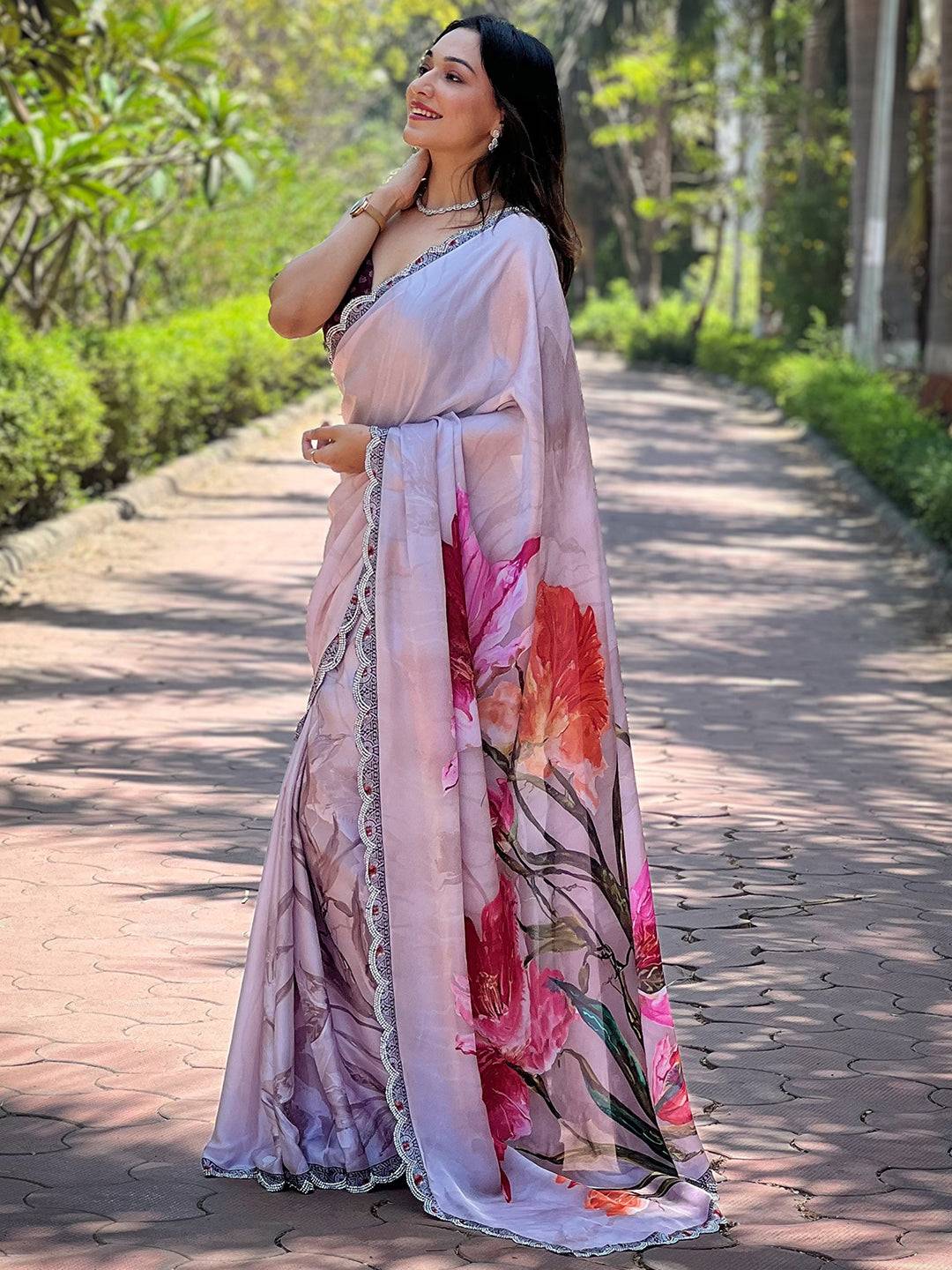 Elegant grey satin georgette saree with floral print