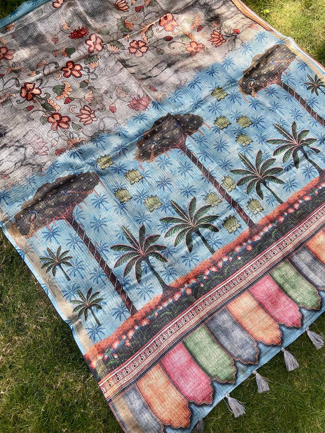 Soft Kota Doriya Silk Saree With Flower Prints & Rich Pallu