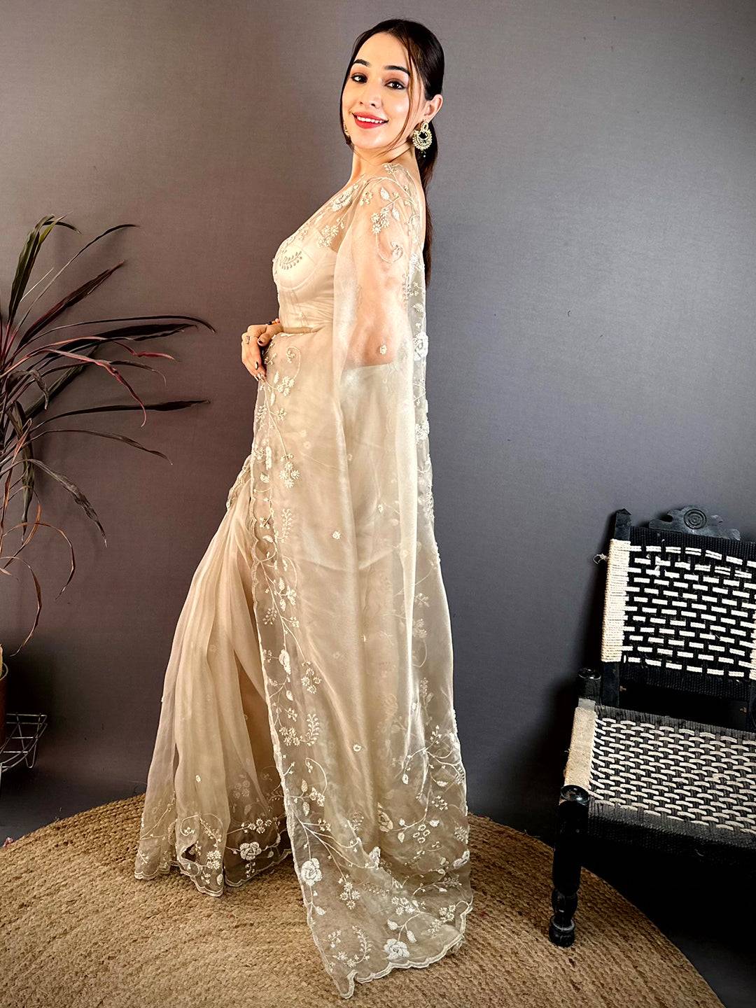 Regal Pearl Embroidered Glass Organza Saree