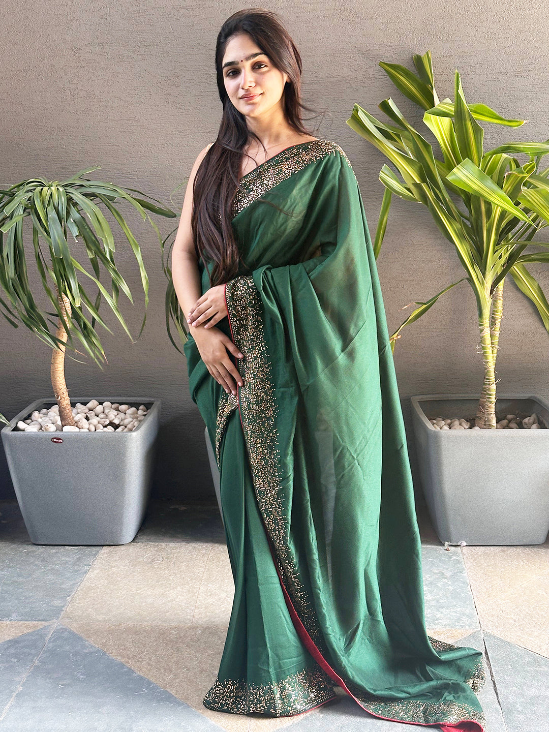 Green colour Vichitra Silk Saree With Embellish Swarovski Stone work