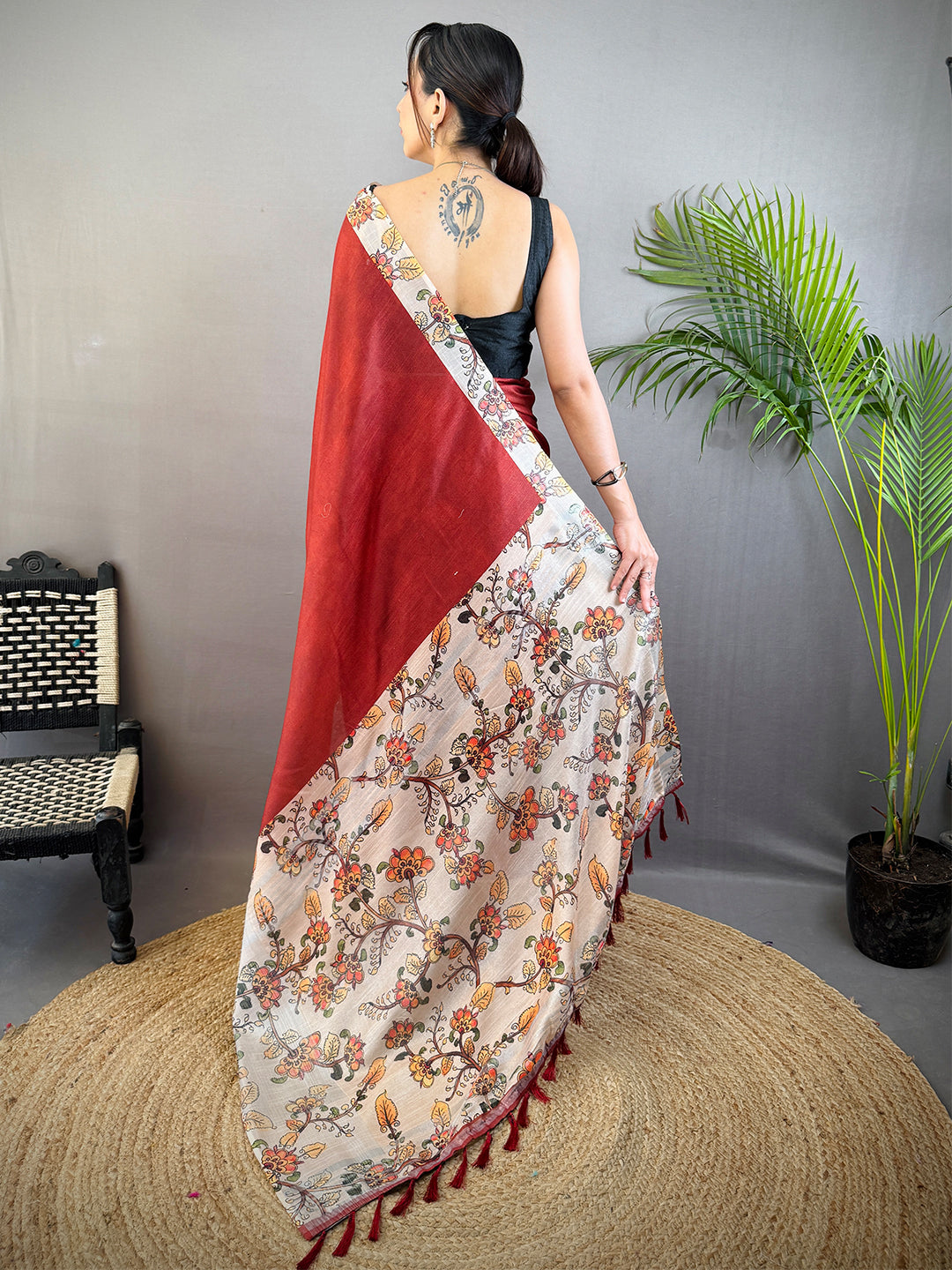 Maroon Linen Kalamkari Print Saree