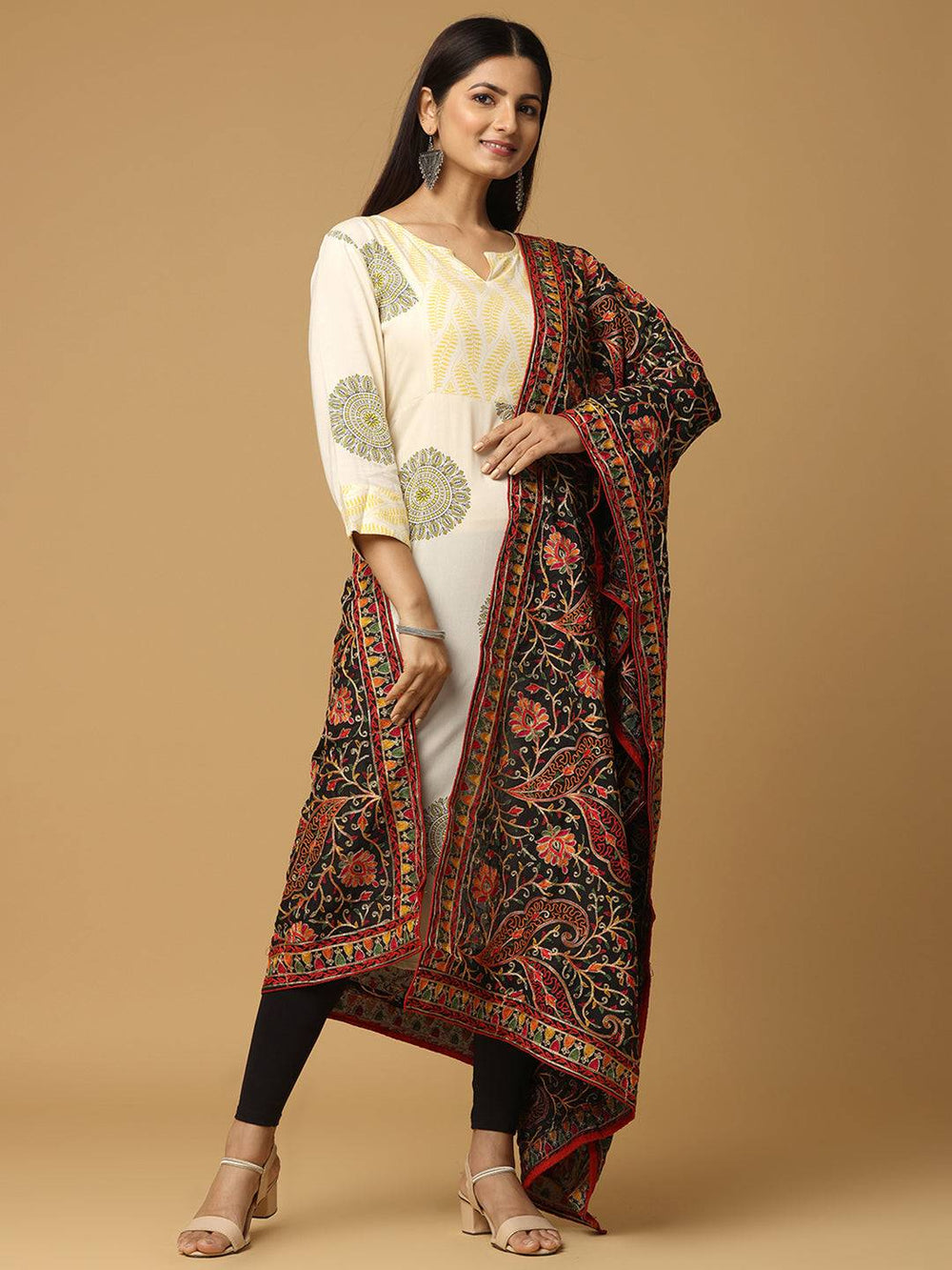 Elegant black pashmina dupatta with resham thread embroidery