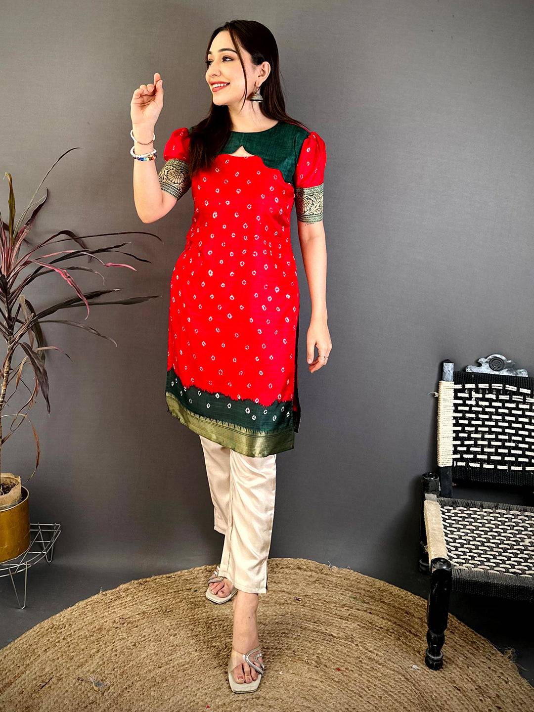 Red Soft Dola Silk Round Neck Kurti