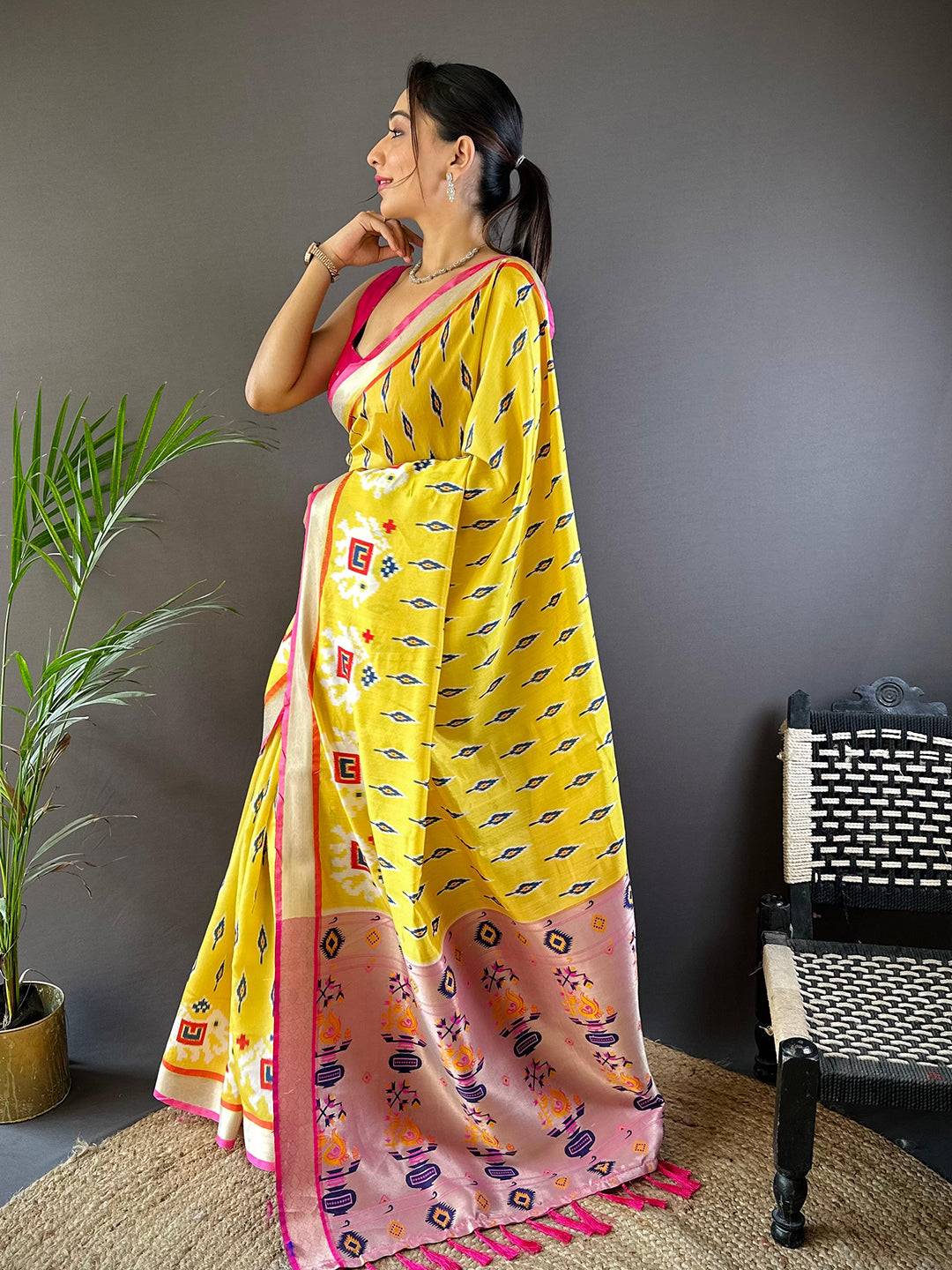 Yellow Ikkat Paithani Soft Silk Saree