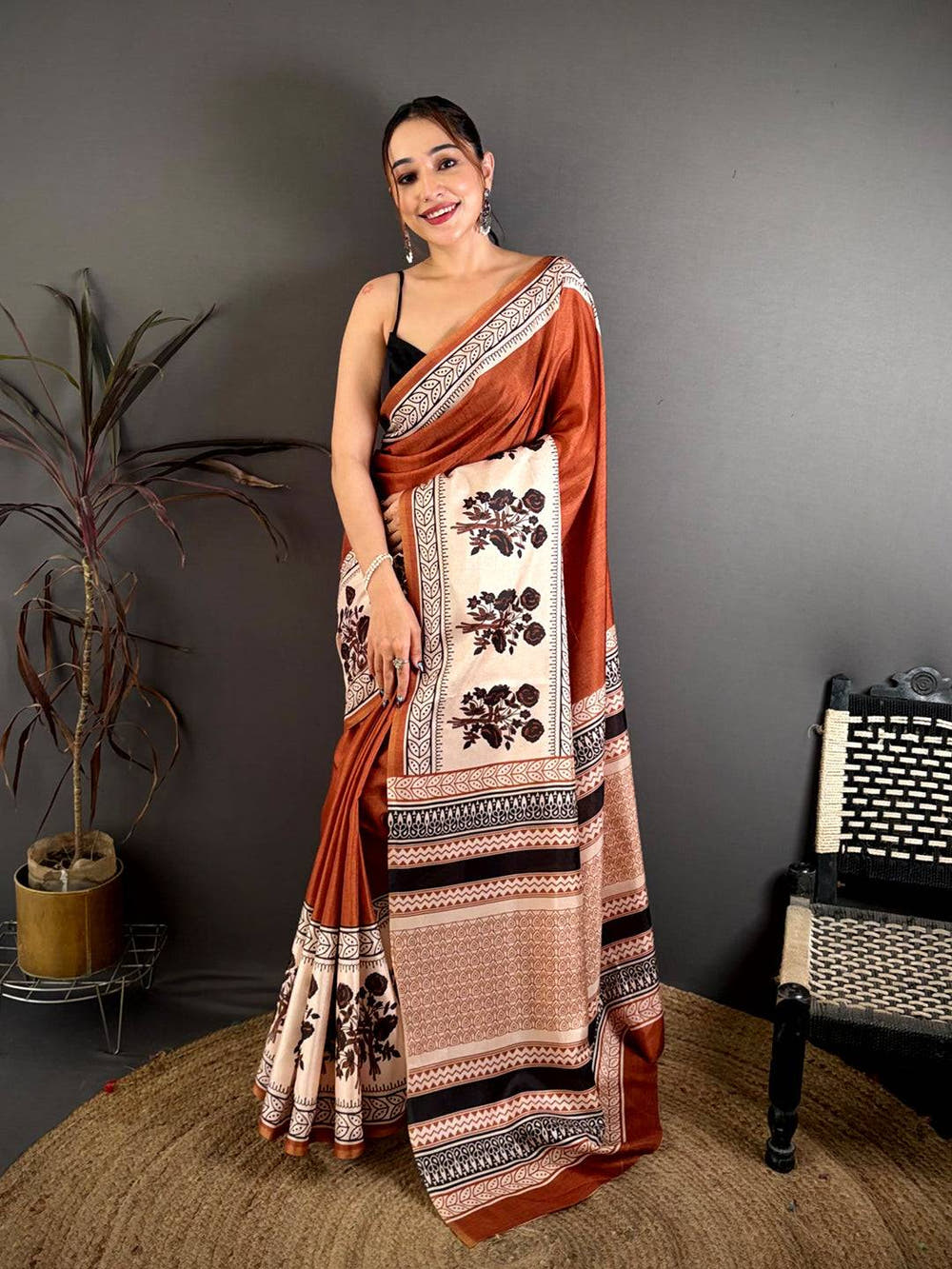Rust Block Panel Stripe Tussar Saree