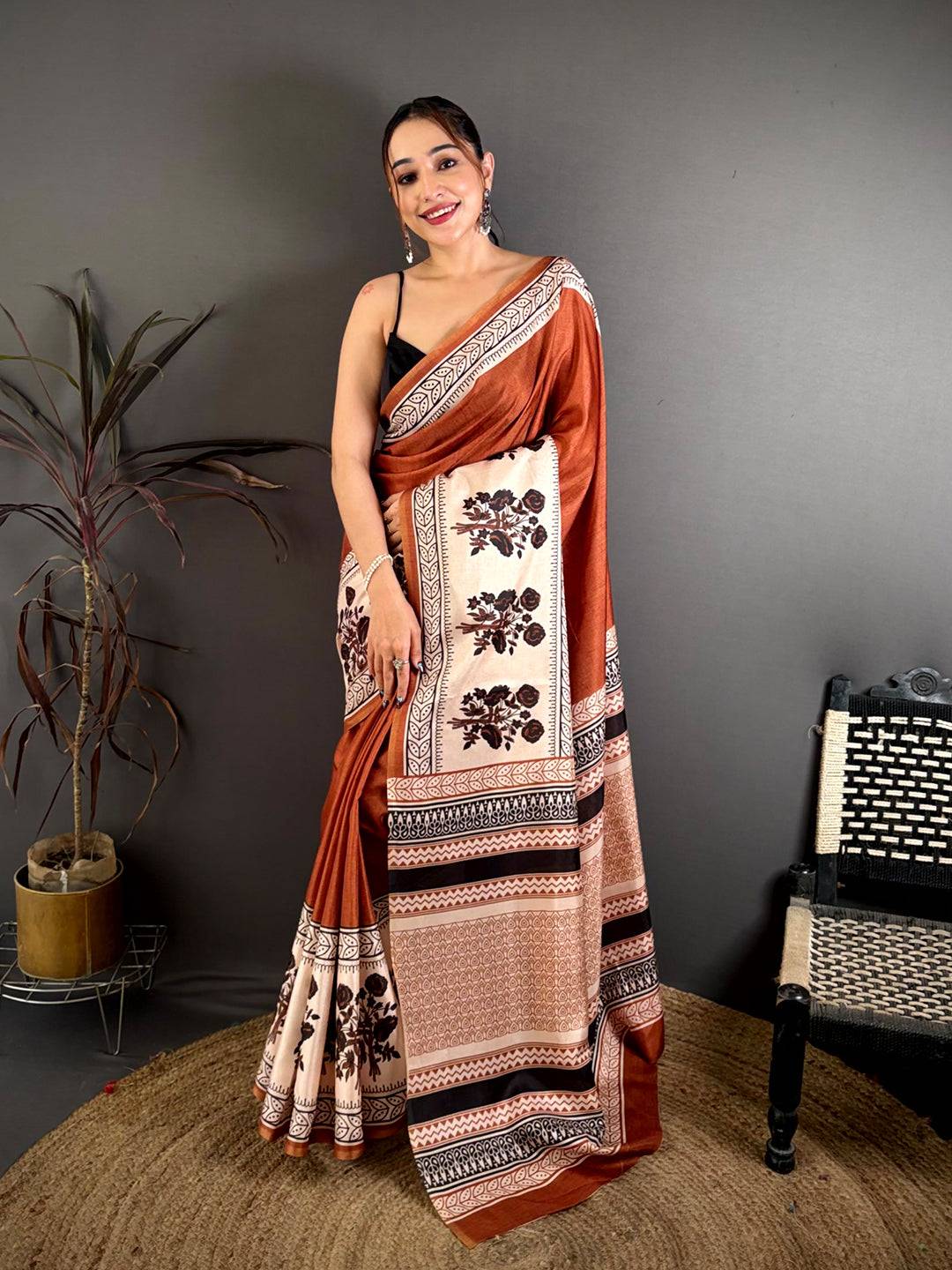 Rust Block Panel Stripe Tussar Saree