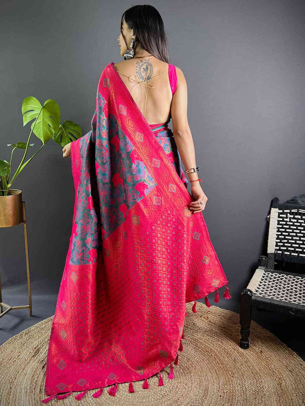 Back view of Rama Soft Silk Butta Weaving Saree