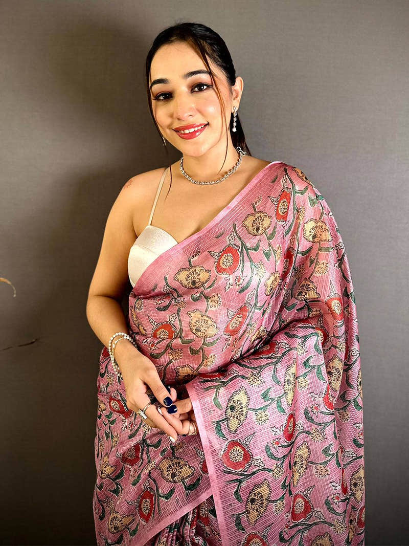 Pink Kota Doriya Floral Print Saree