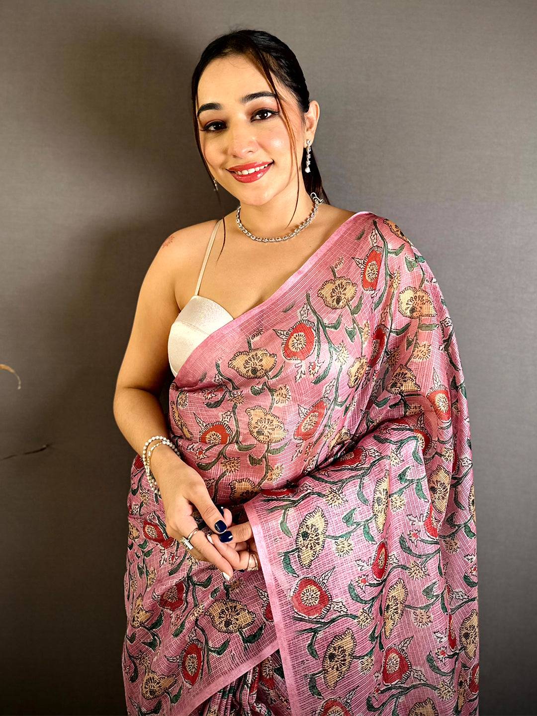 Pink Kota Doriya Floral Print Saree