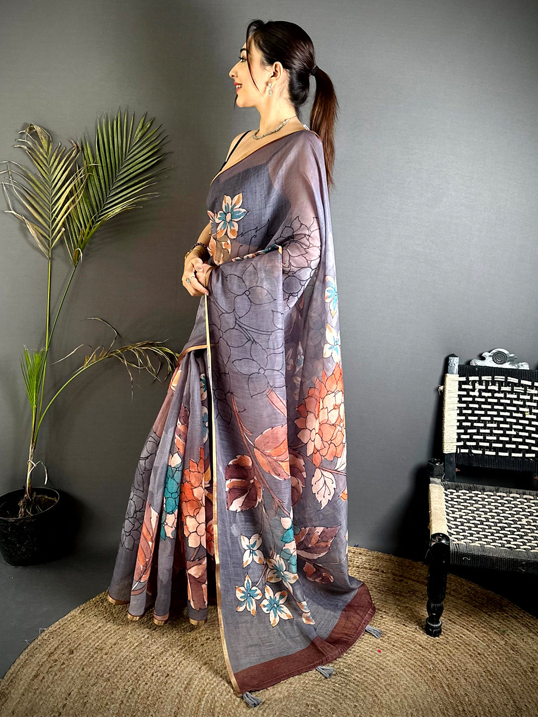 Classic Grey Floral Linen Saree