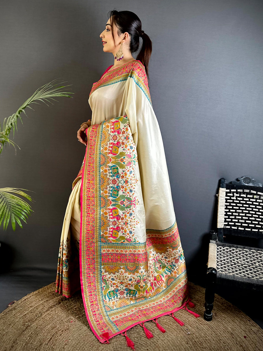 Cream Kashmiri Art Soft Silk Saree