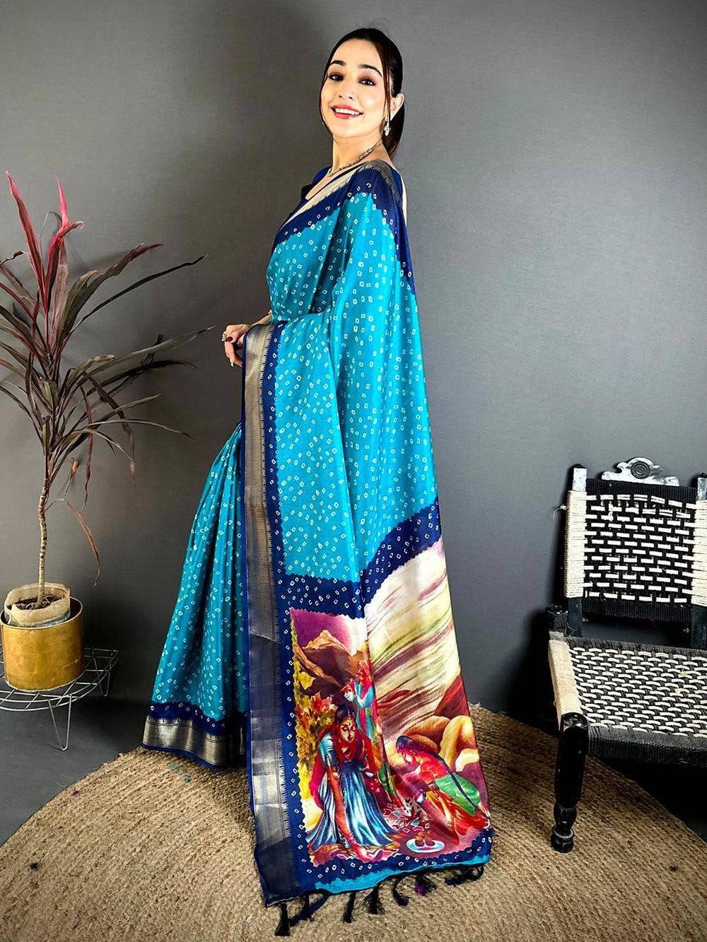 Aqua Bandhej Fusion Dola Print Saree