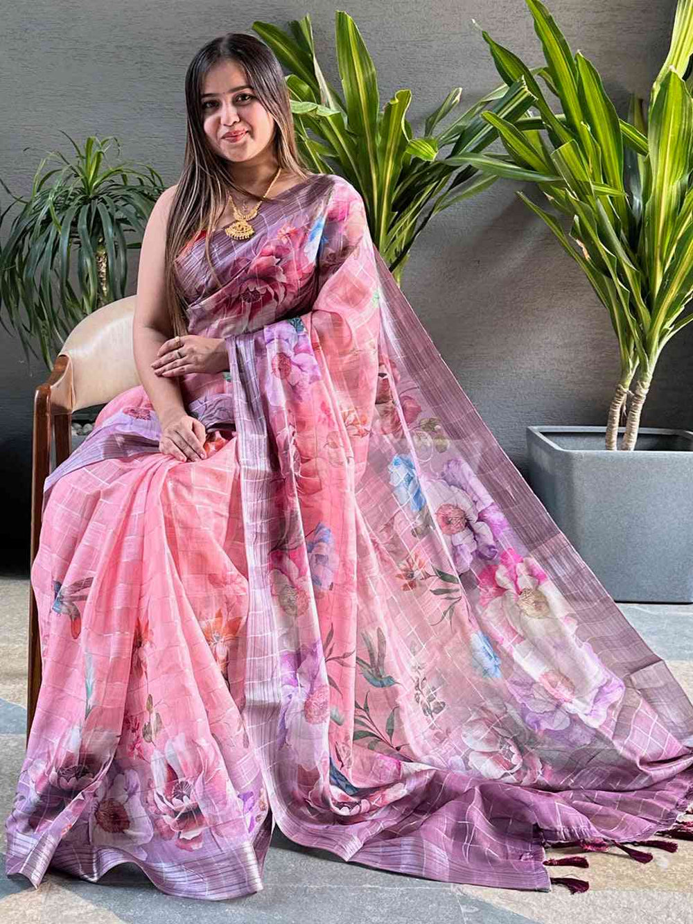 Elegant floral print linen saree with zari chex design