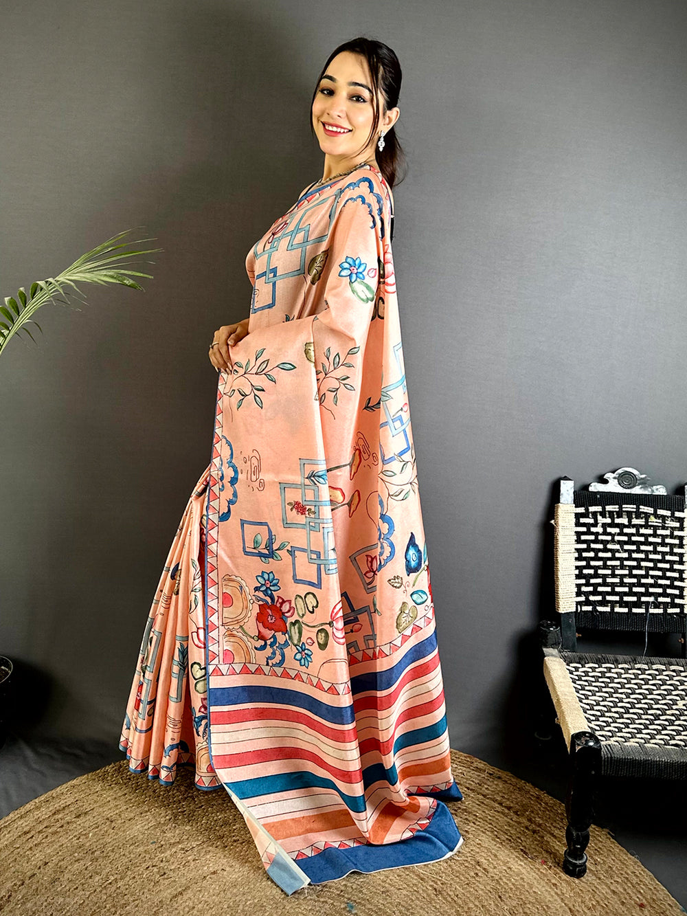 Peach Semi Tussar Striped Pallu Saree


