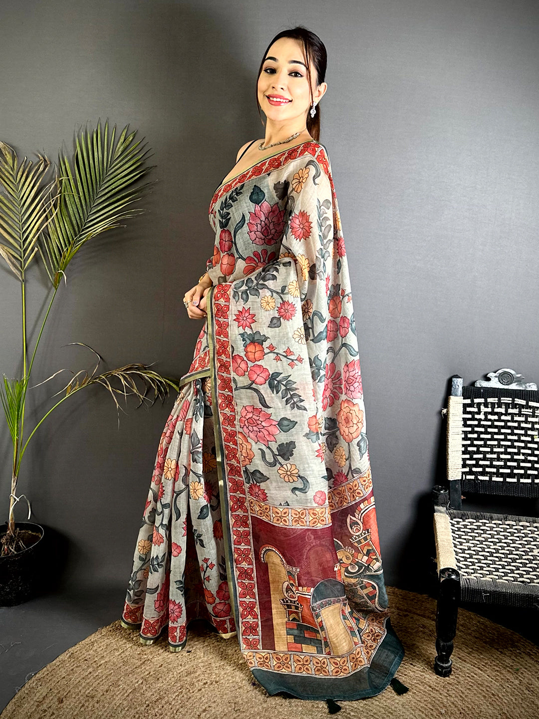 Heritage Floral Kalamkari Soft Linen Saree


