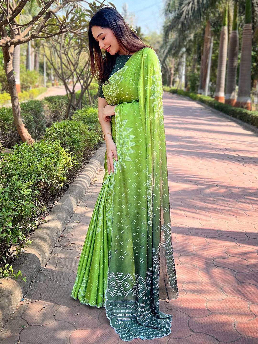 Georgette Silk Saree with Ombre Bandhej Print & Stone Work