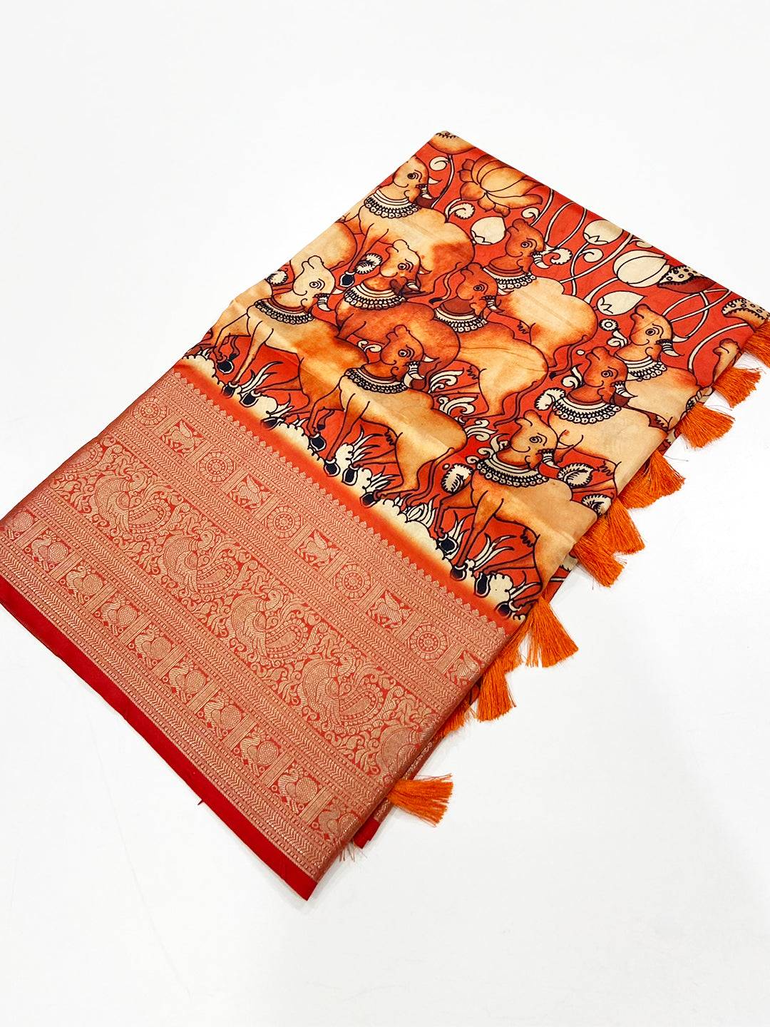 Orange Digital Kalamkari Banarasi Saree
