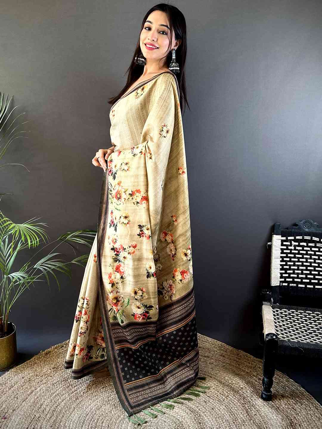 Floral Beauty in Beige Tussar Zari Saree