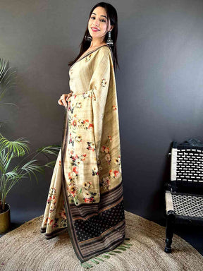 Floral Beauty in Beige Tussar Zari Saree