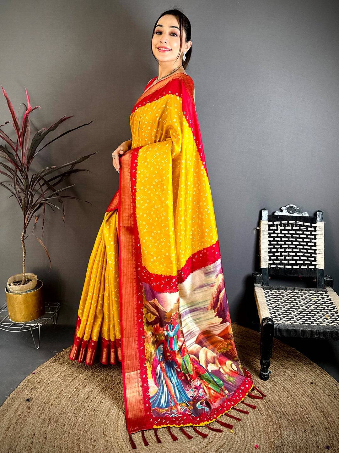 Yellow Bandhej Fusion Dola Print Saree