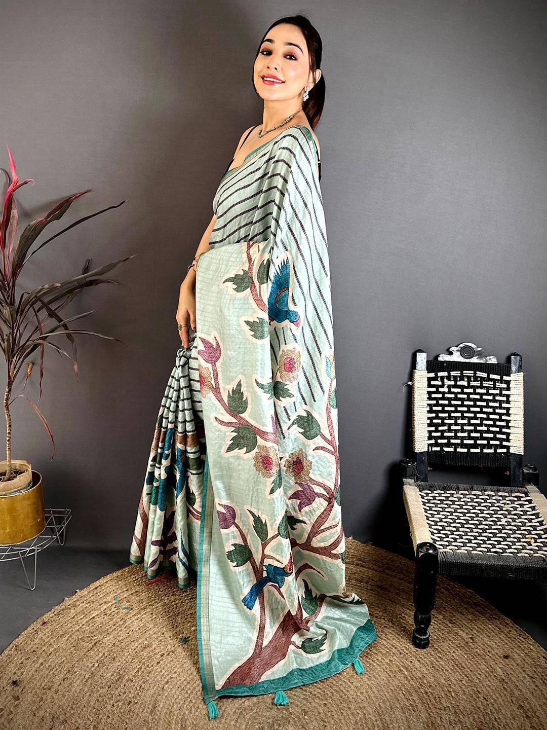 Mint Green Tussar Ghicha Floral Bird Saree