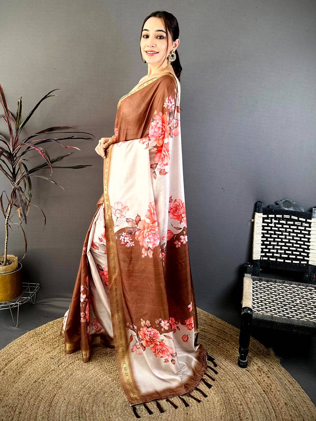 Brown Soft Silk Floral Lehriya Print Saree