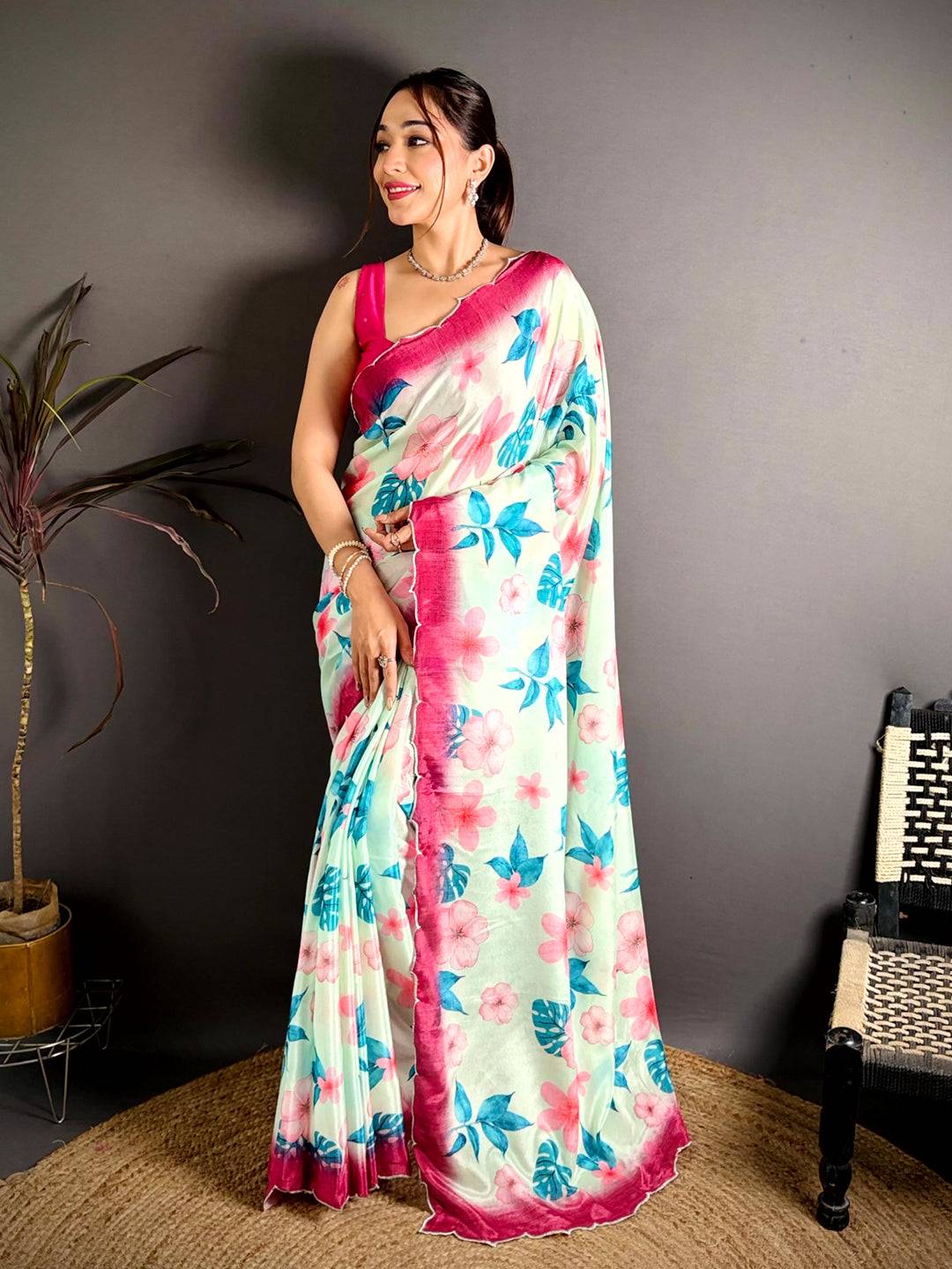 Mint Green Chinnon Embroidered Border Saree

