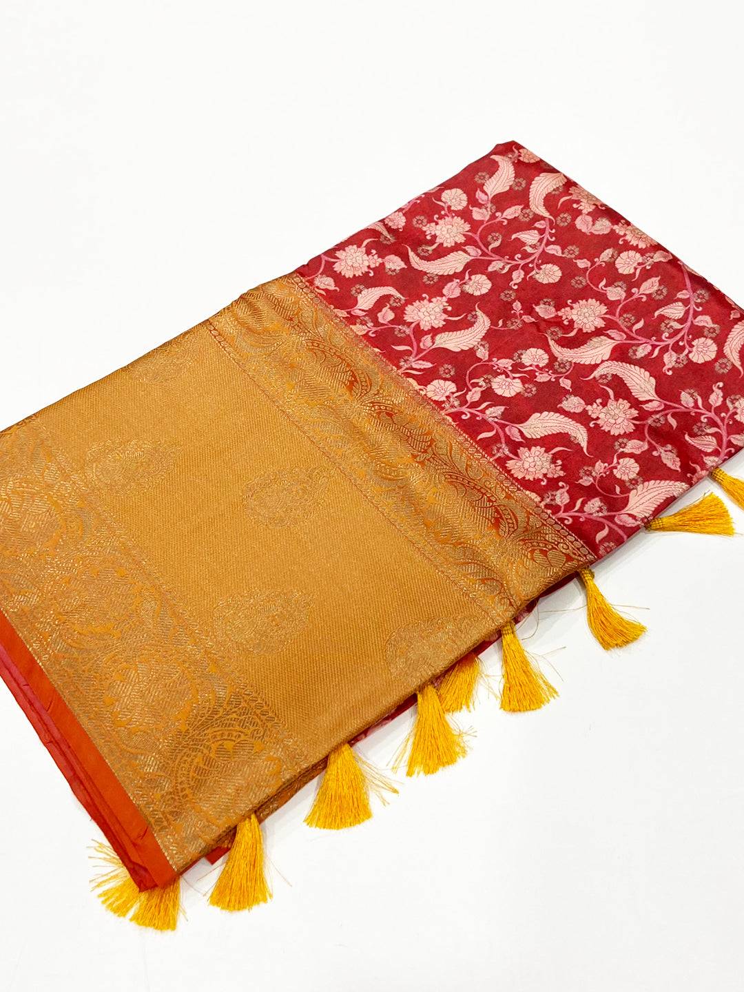 Red Floral Printed Banarasi Silk Saree