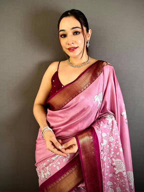 Pink Soft Dola Block Kalamkari Zari Saree