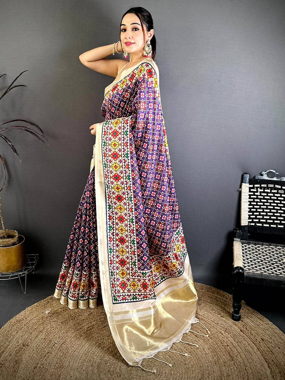 Purple Ethnic Digital Ikkat Kanchi Saree