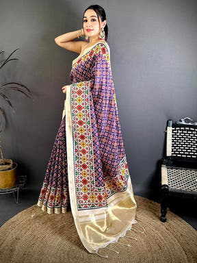Purple Ethnic Digital Ikkat Kanchi Saree