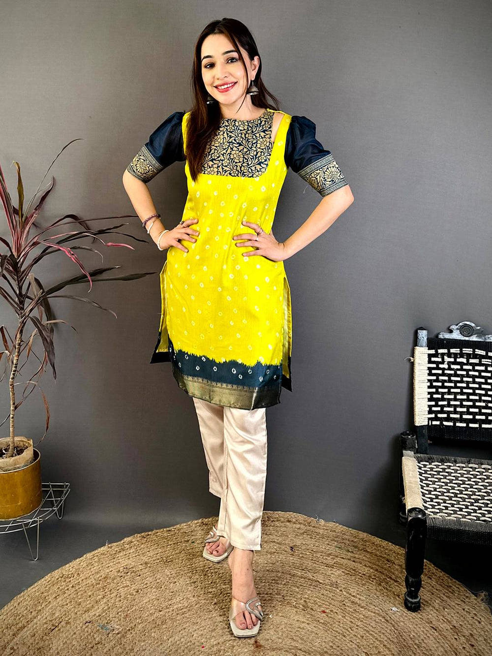 Yellow Soft Dola Silk Boat Neck Kurti