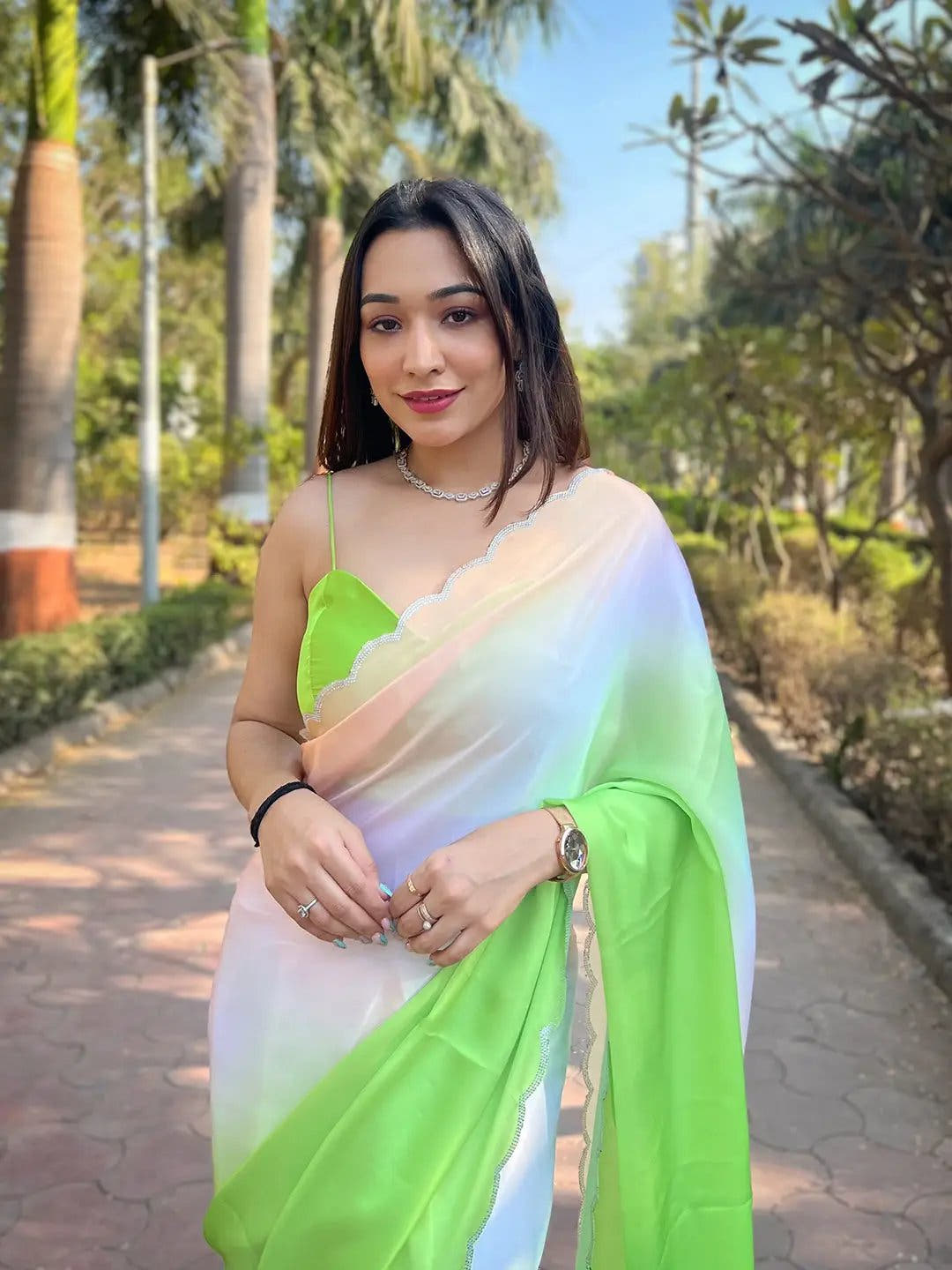Stylish Green Colour Satin Georgette Saree with Ombre Print