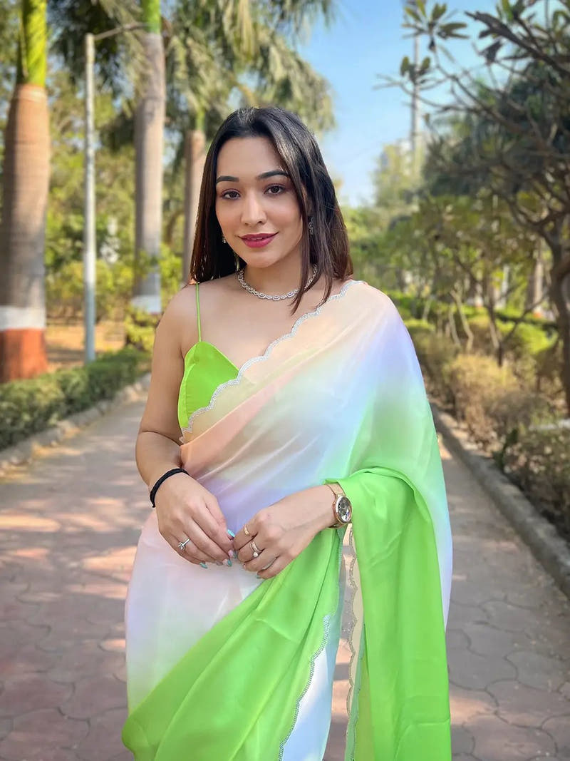 Stylish Green Colour Satin Georgette Saree with Ombre Print