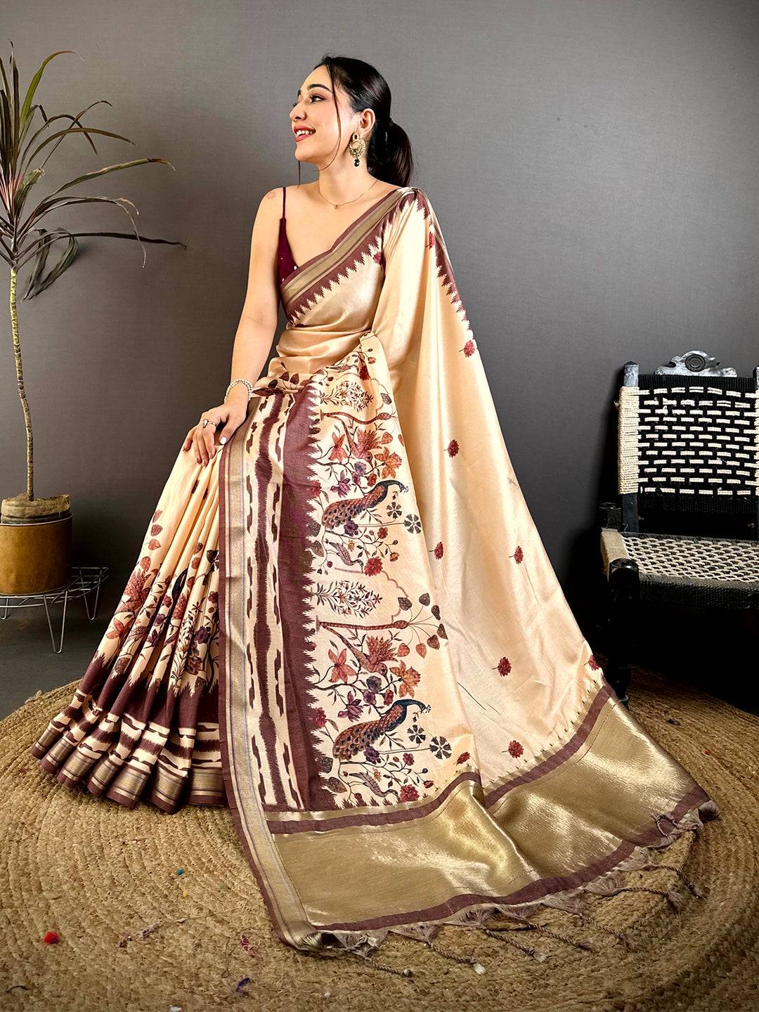 Regal Gold Lakda Patta Kalamkari Saree