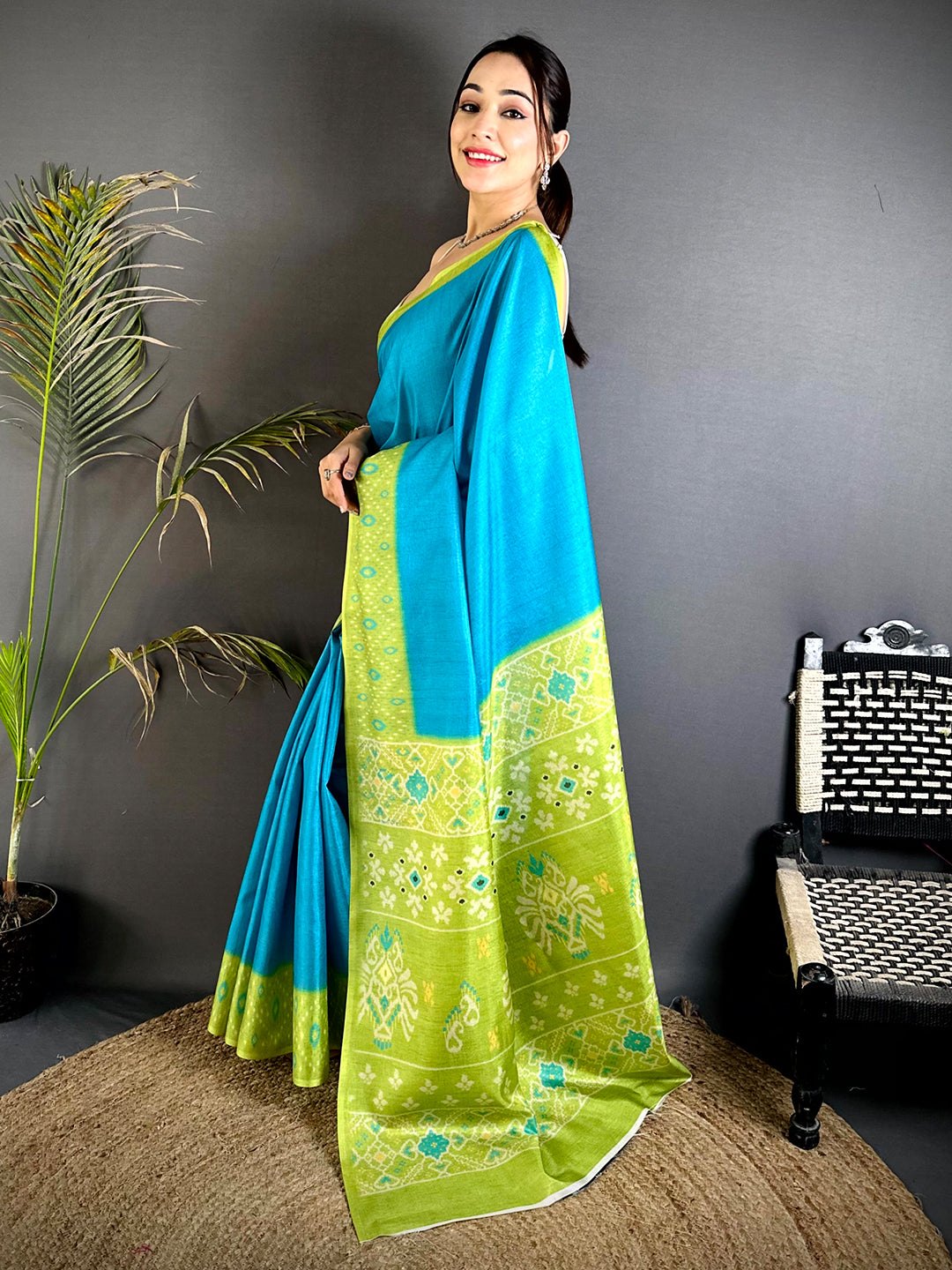 Sky Blue Soft Tussar Silk Ikkat Saree